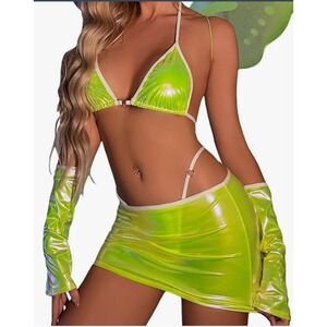 Neon Lime Iridescent 3pc Rave Set Metallic Bikini Top Mini Skirt & Arm Sleeves M